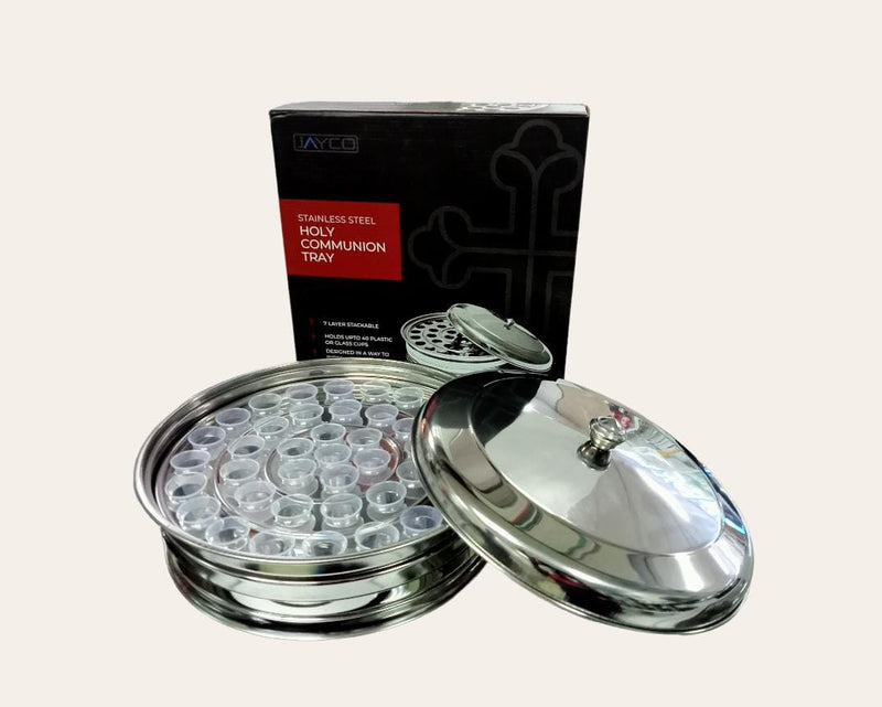 STAINLESS STEEL HOLY COMMUNION TRAY, CUPS AND COVER