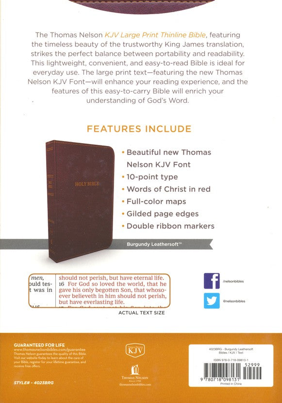 KJV, THINLINE BIBLE, LARGE PRINT, IMITATION LEATHER, BURGUNDY, RED LETTER EDITION