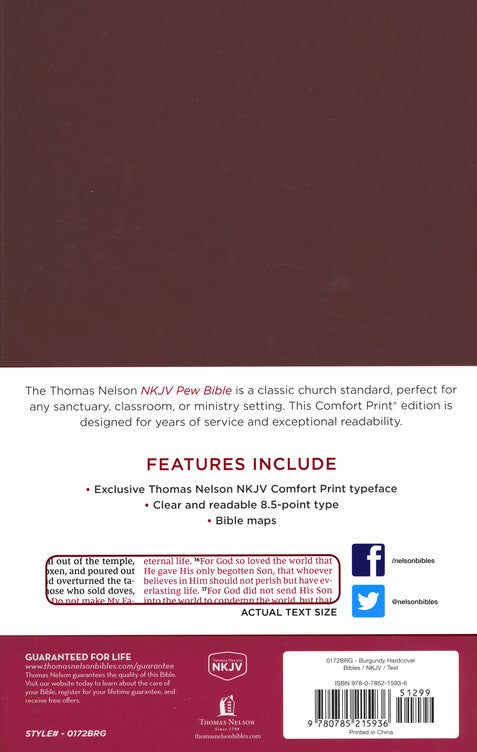 NKJV Pew Bible, Hardcover, Burgundy