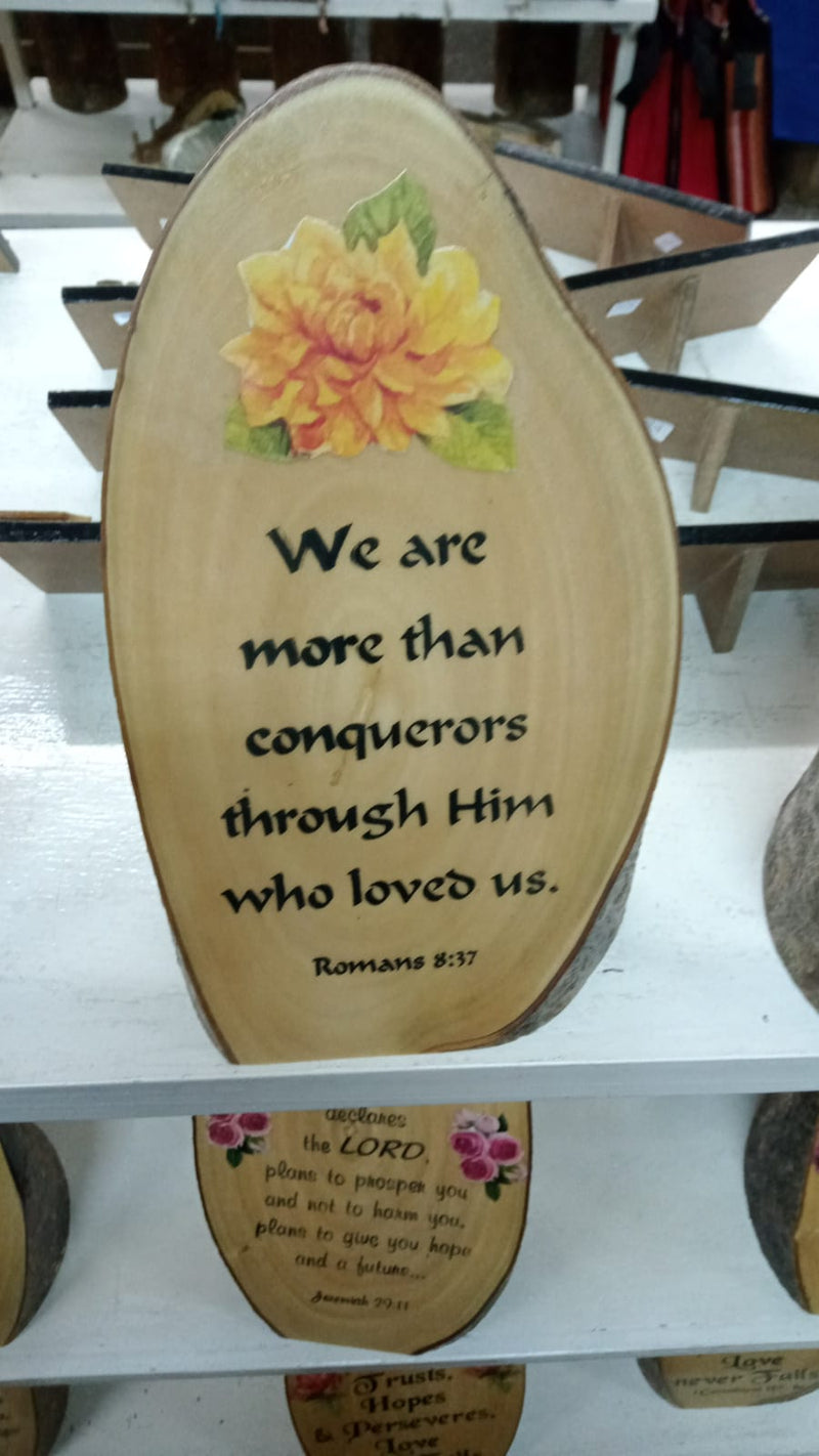 WOODEN PLAQUE - STAND (WE ARE MORE THAN CONQUERORS)